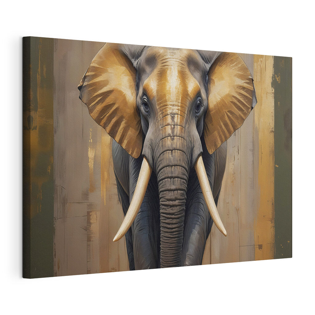 Elefante entre luces doradas, lienzo tensado con el borde envolvente