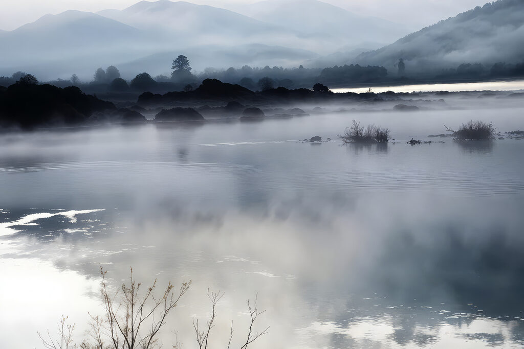 Niebla sobre agua tranquila — diseño completo