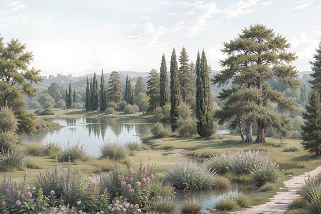 Cipreses junto al lago — diseño completo