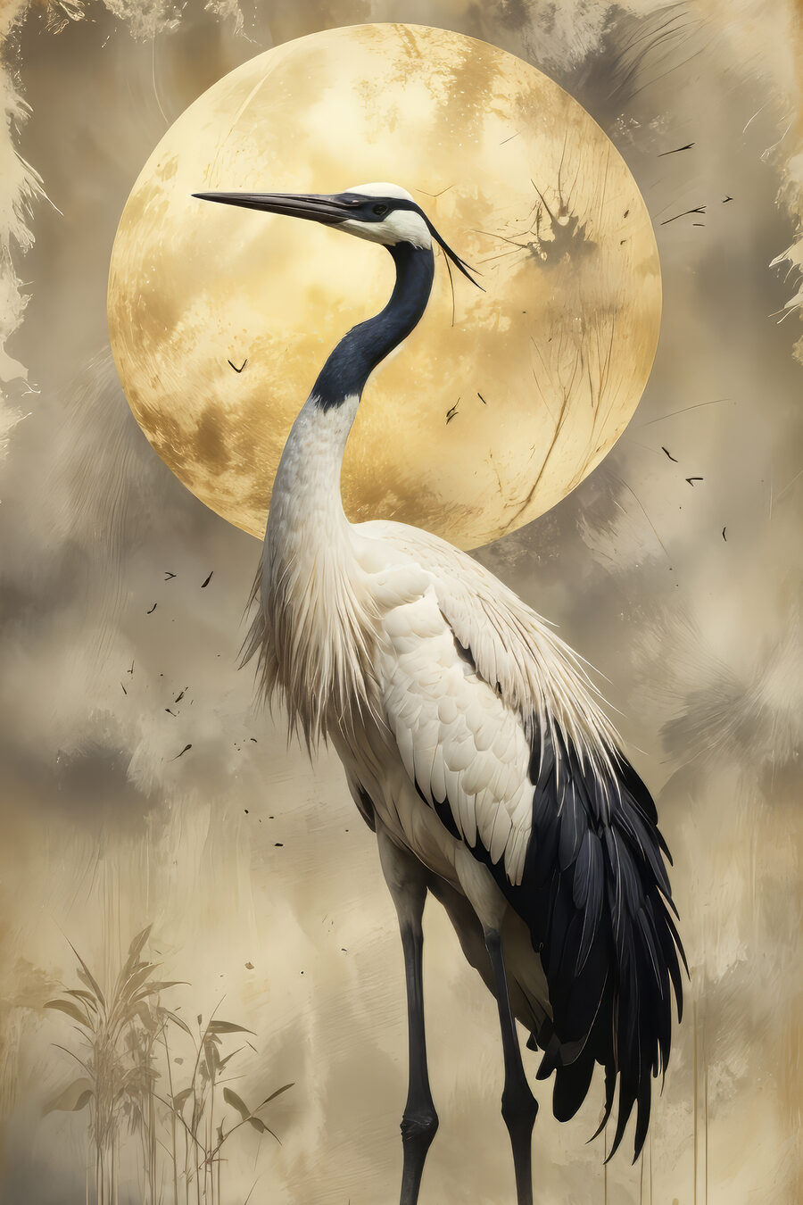Grulla ante luna dorada — diseño completo
