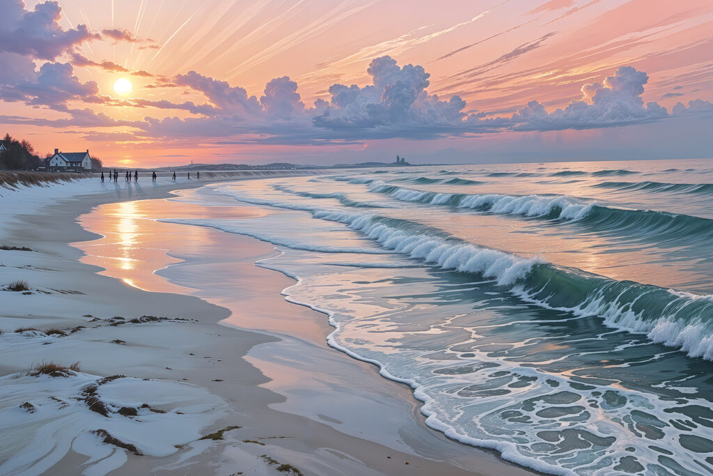 Costa rosa al atardecer — diseño completo