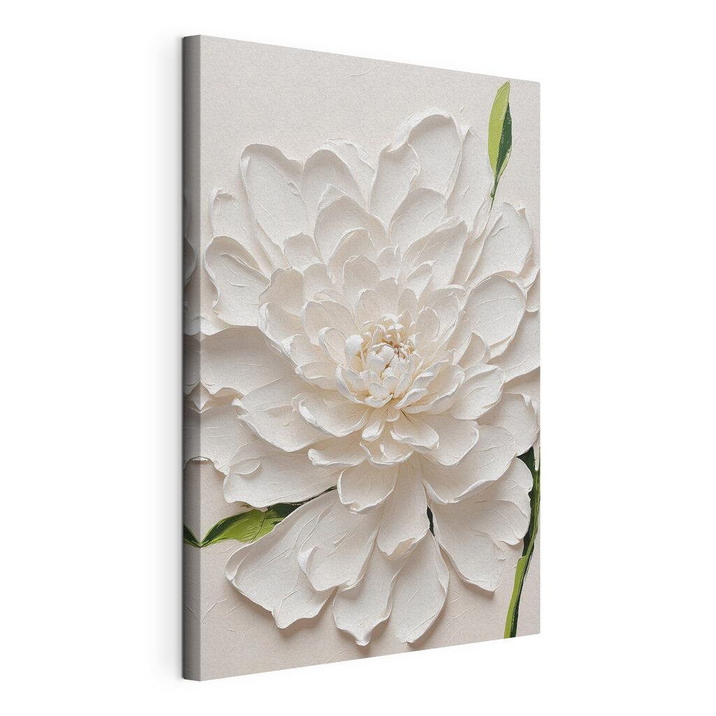 Flor blanca, tallo verde, lienzo tensado con el borde envolvente