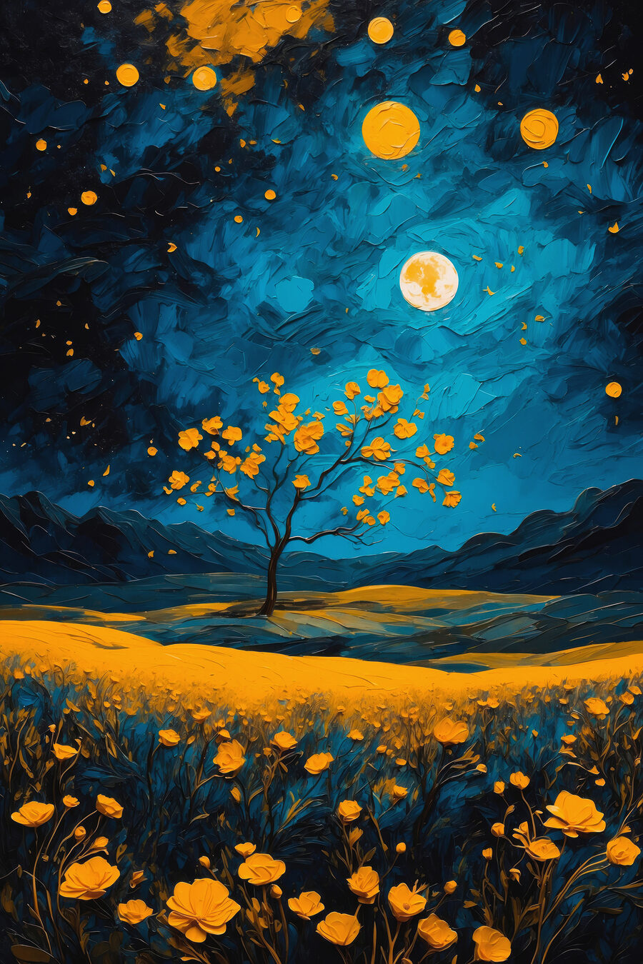 Flores doradas bajo lunas — diseño completo