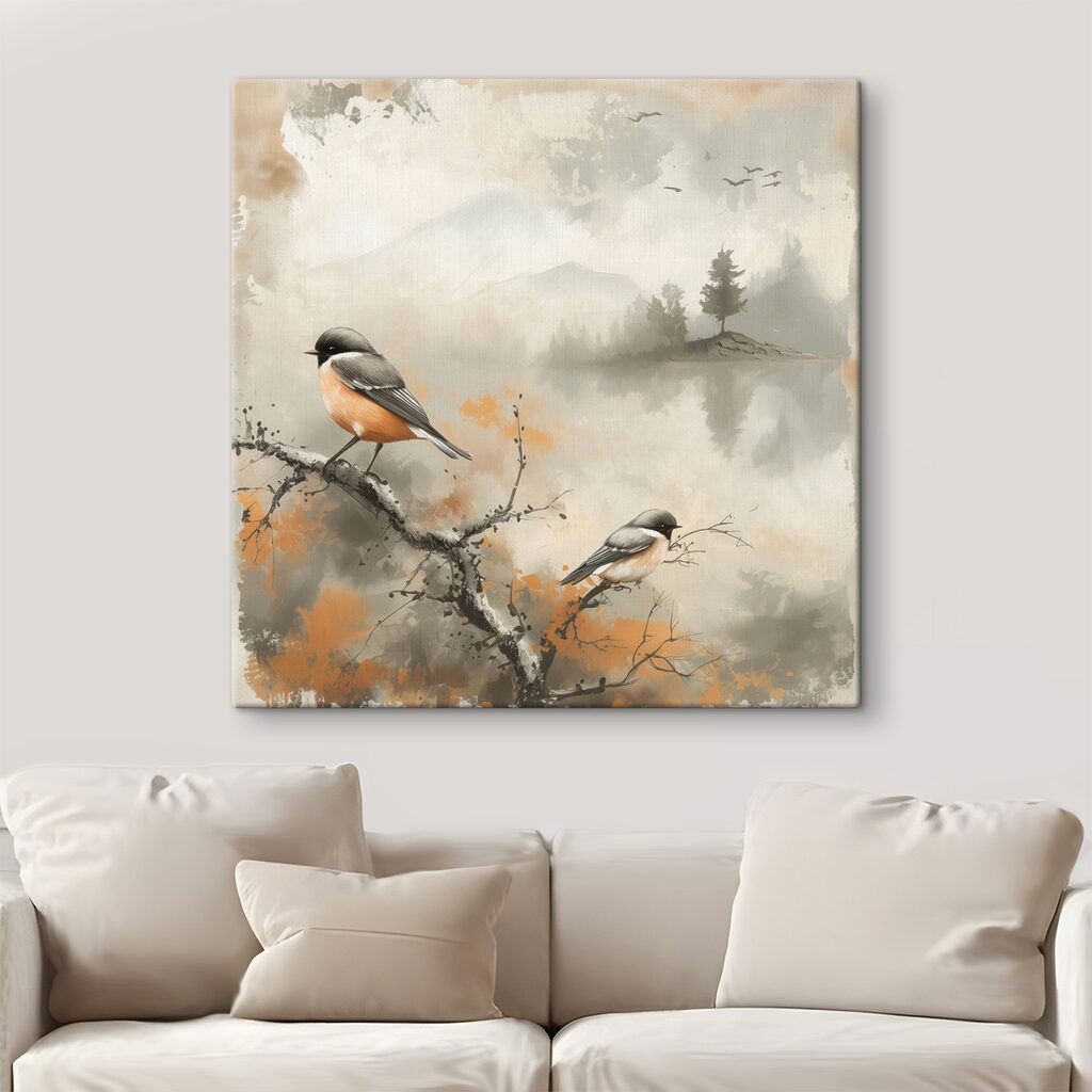 Pájaros sobre la niebla en un interior