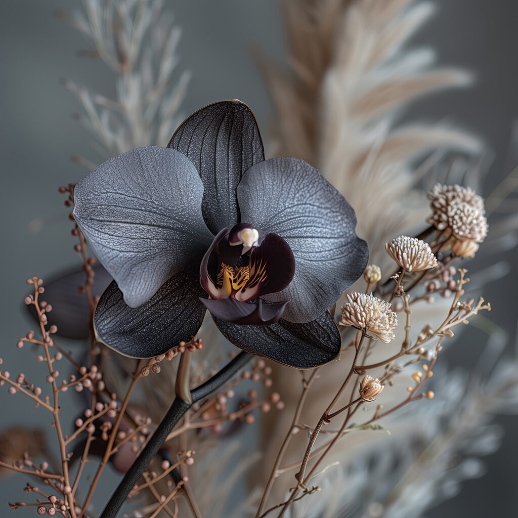 Orquídea oscura entre gramíneas — diseño completo