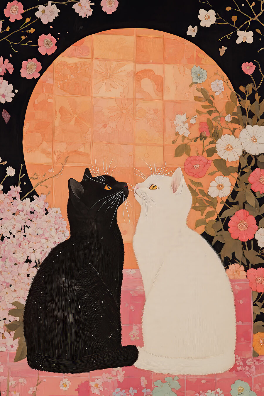 Dos gatos entre flores — diseño completo