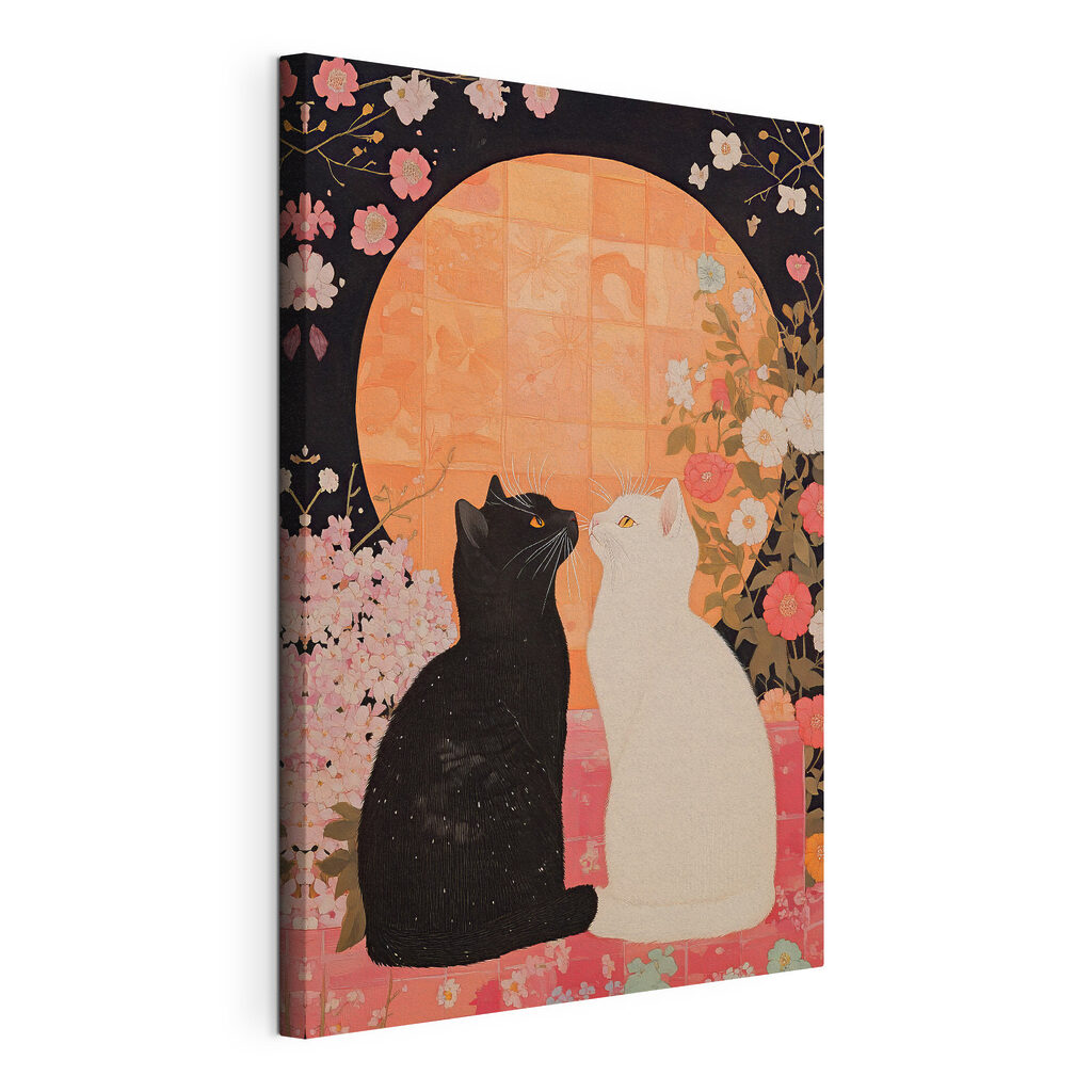Dos gatos entre flores, lienzo tensado con el borde envolvente