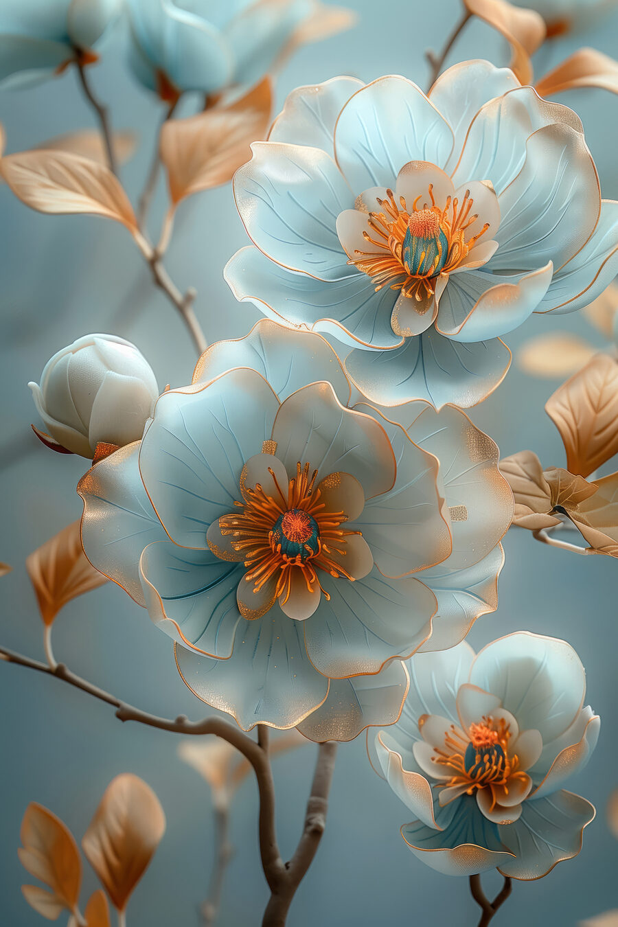 Flores azules, ramas doradas — diseño completo