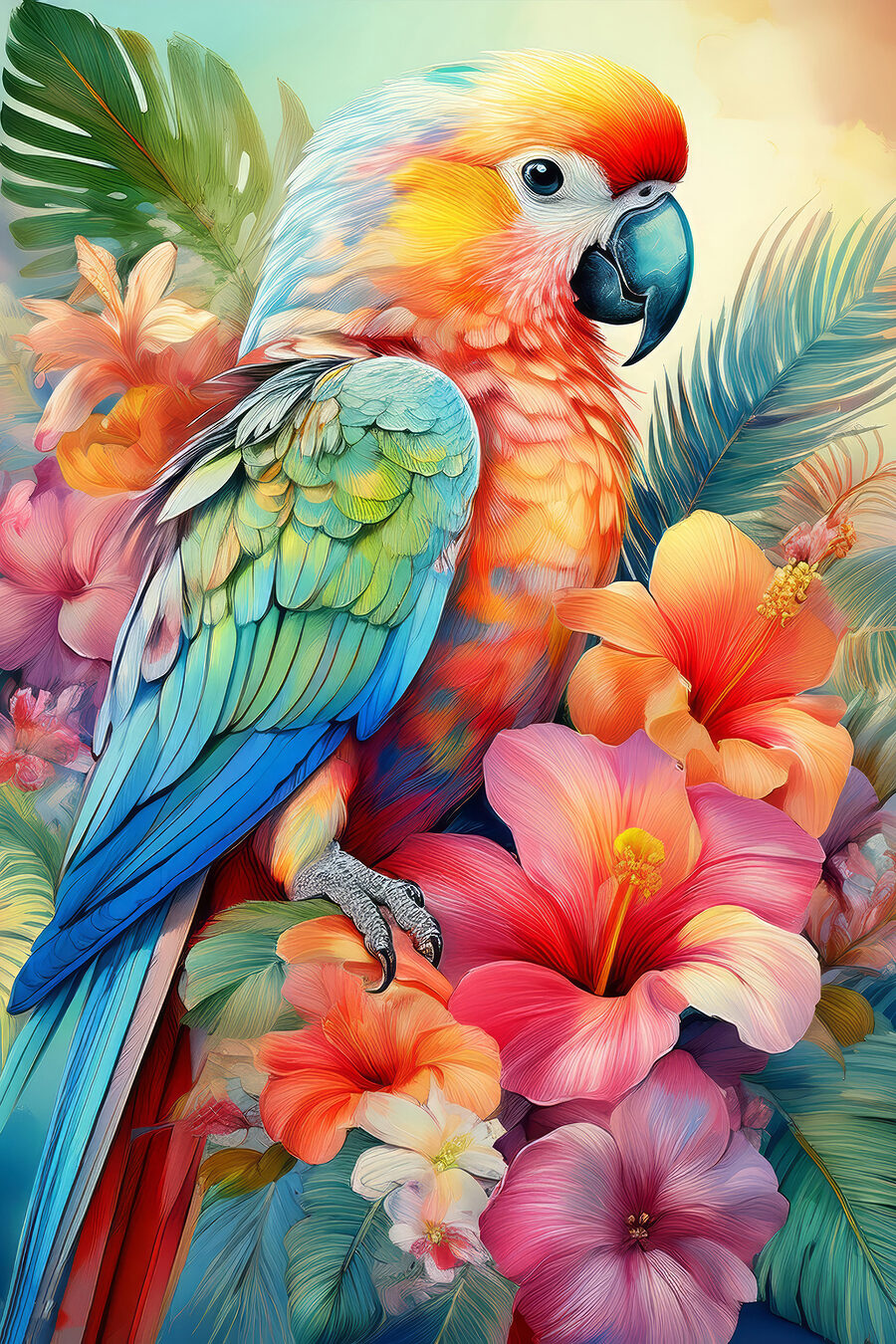 Loro entre flores tropicales — diseño completo
