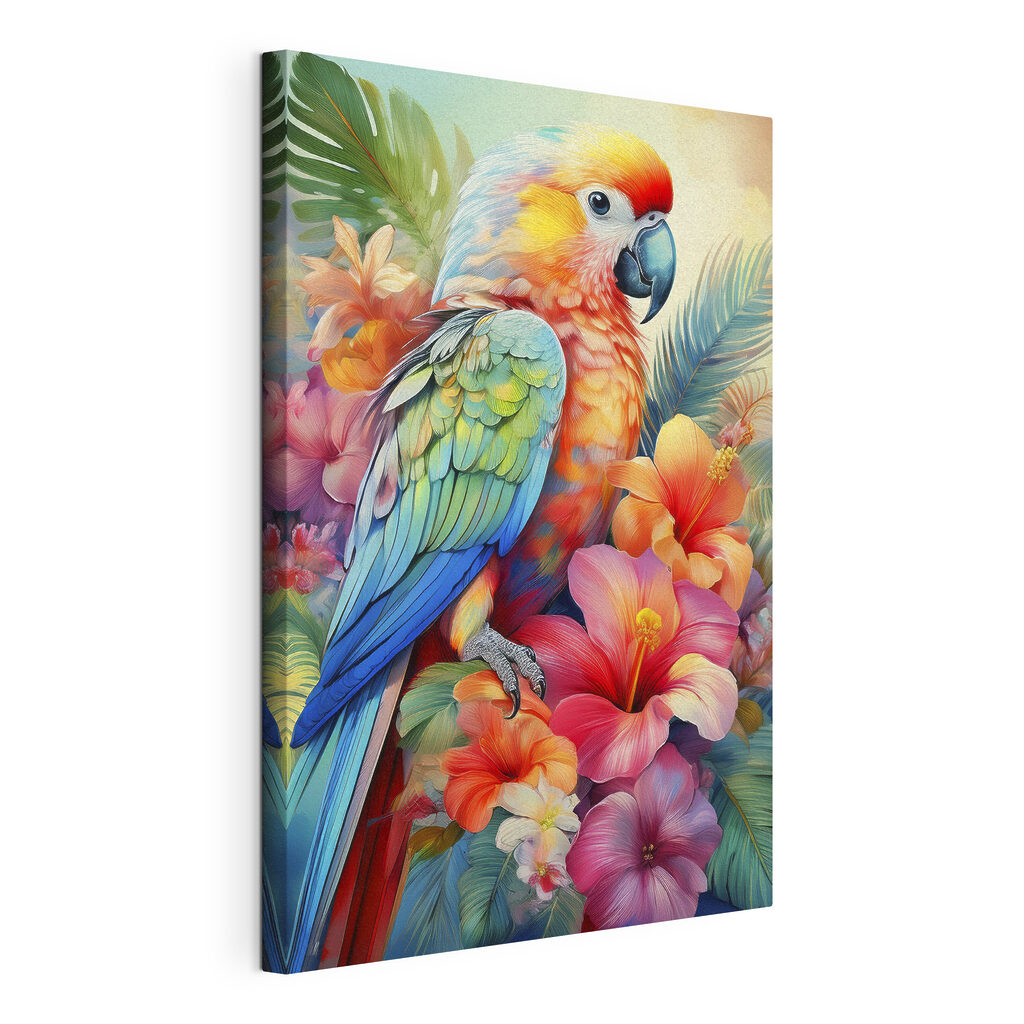 Loro entre flores tropicales, lienzo tensado con el borde envolvente