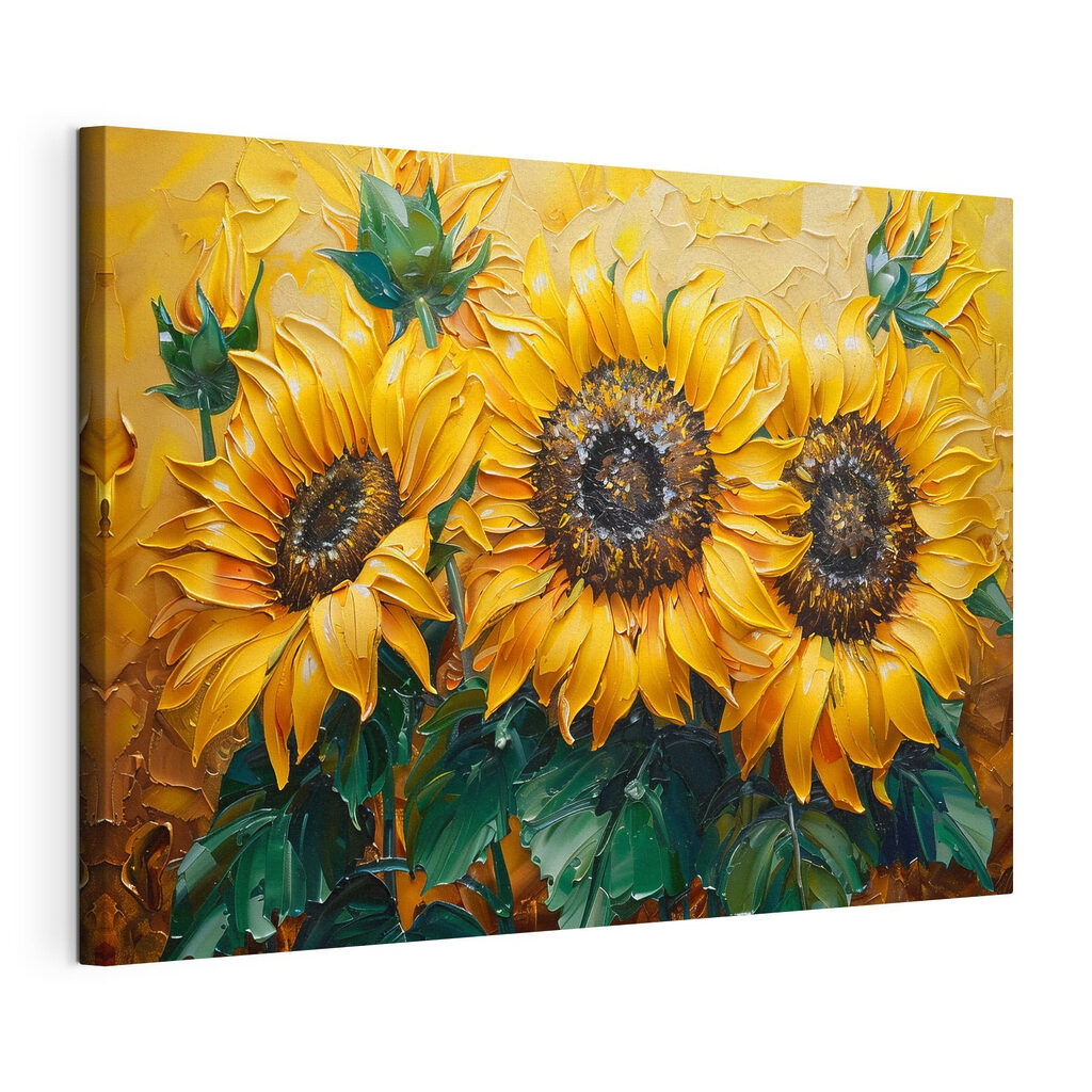 Girasoles sobre amarillo dorado, lienzo tensado con el borde envolvente