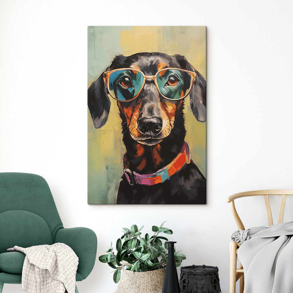 Teckel con gafas grandes en un interior