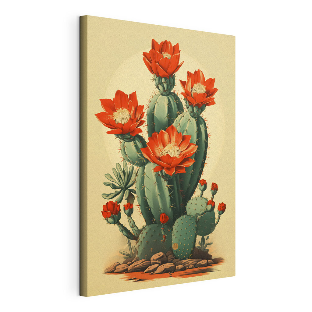 Cactus con flor roja, lienzo tensado con el borde envolvente