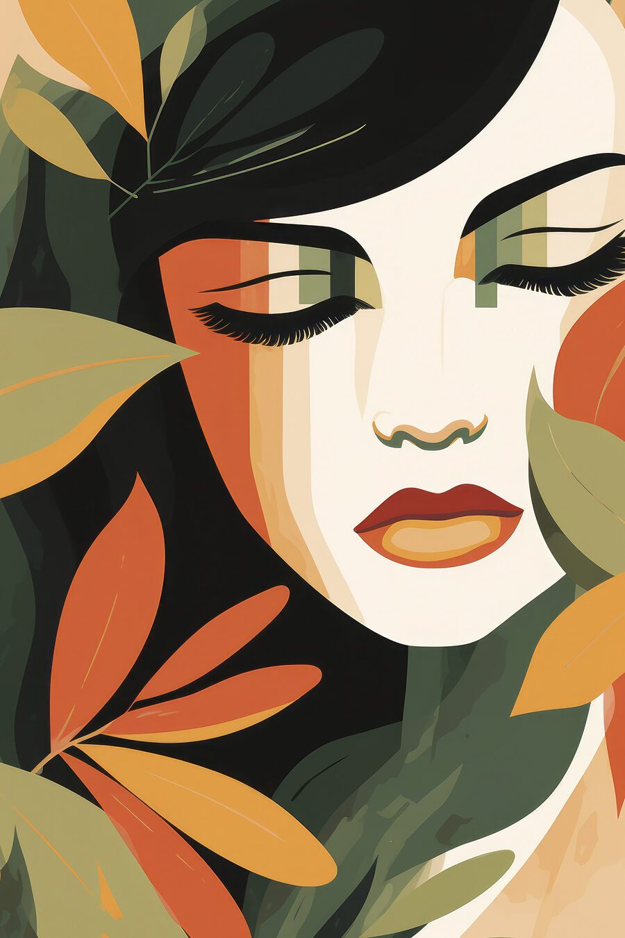 Rostro estilizado entre hojas — diseño completo