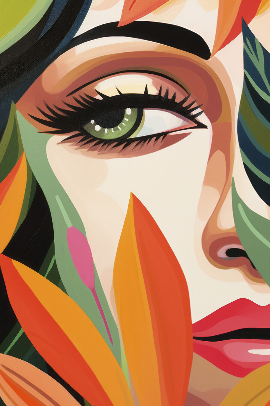 Mirada verde entre hojas — diseño completo
