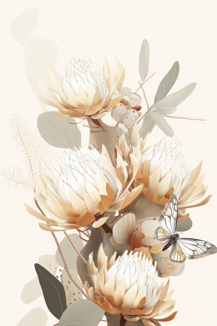 Proteas pálidas entre hojas — diseño completo
