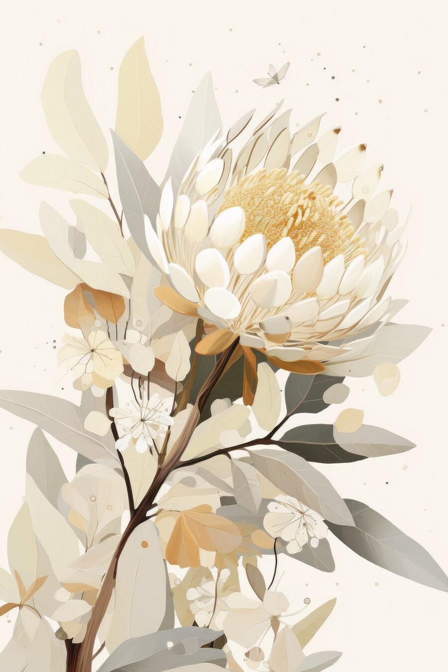 Protea entre hojas — diseño completo