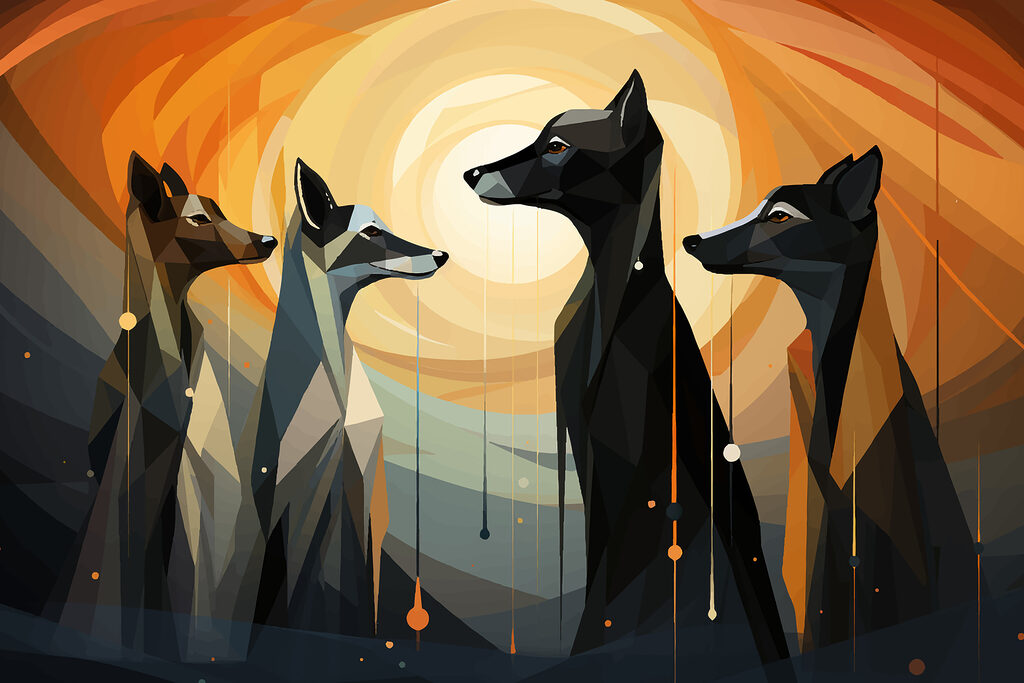 Cuatro perros al sol — diseño completo