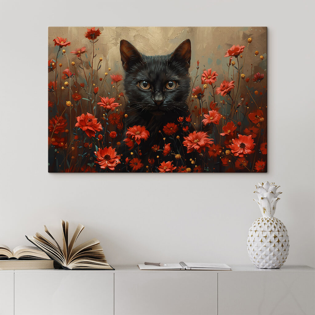 Gato negro entre flores en un interior
