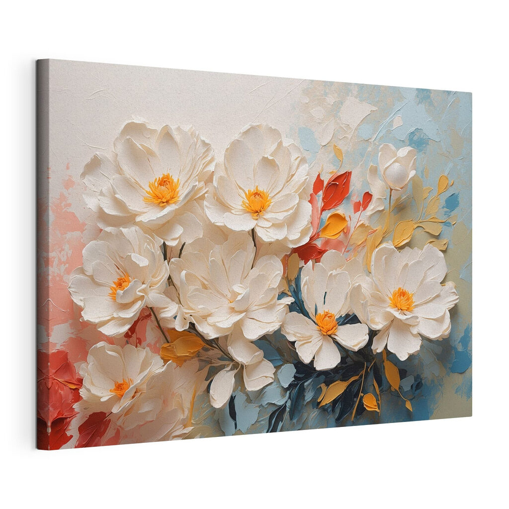 Flores blancas y colores, lienzo tensado con el borde envolvente