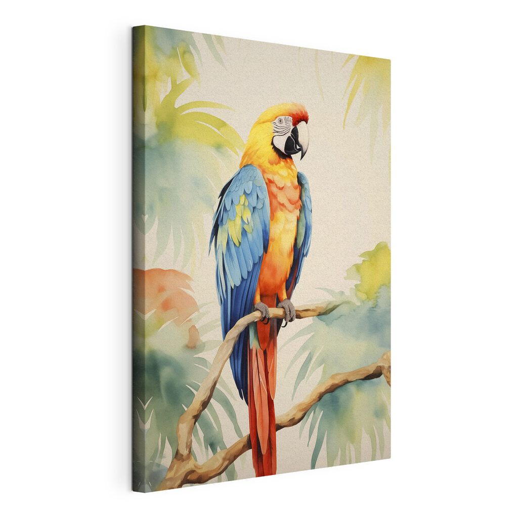 Guacamayo en rama, lienzo tensado con el borde envolvente