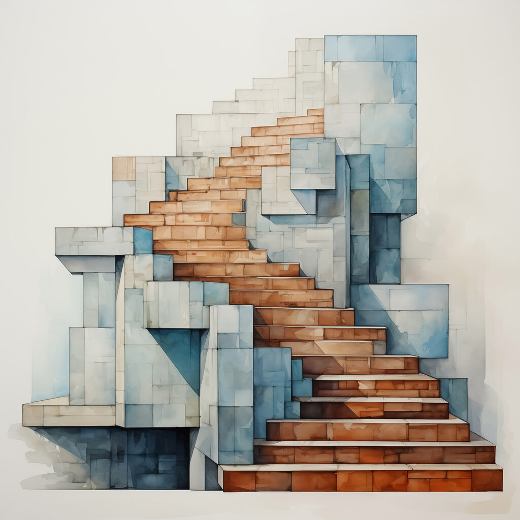 Escalera entre formas azules — diseño completo