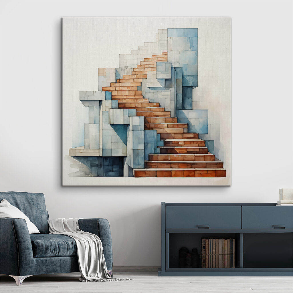 Escalera entre formas azules — interior 1