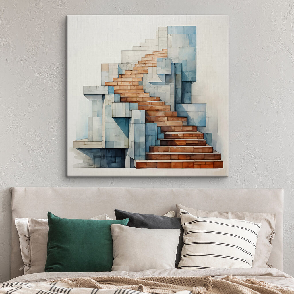 Escalera entre formas azules — interior 2