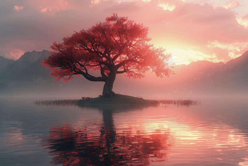 Árbol rojo al atardecer — diseño completo