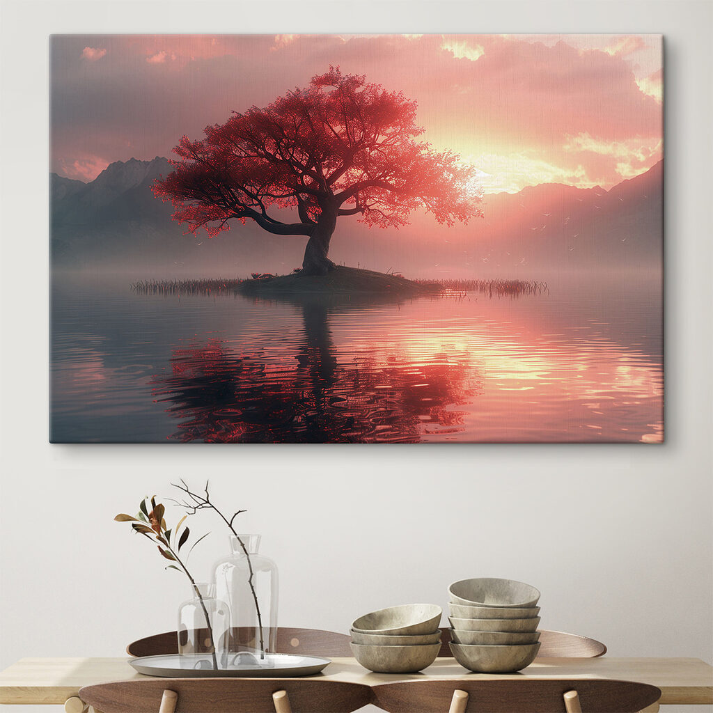 Árbol rojo al atardecer — interior 1