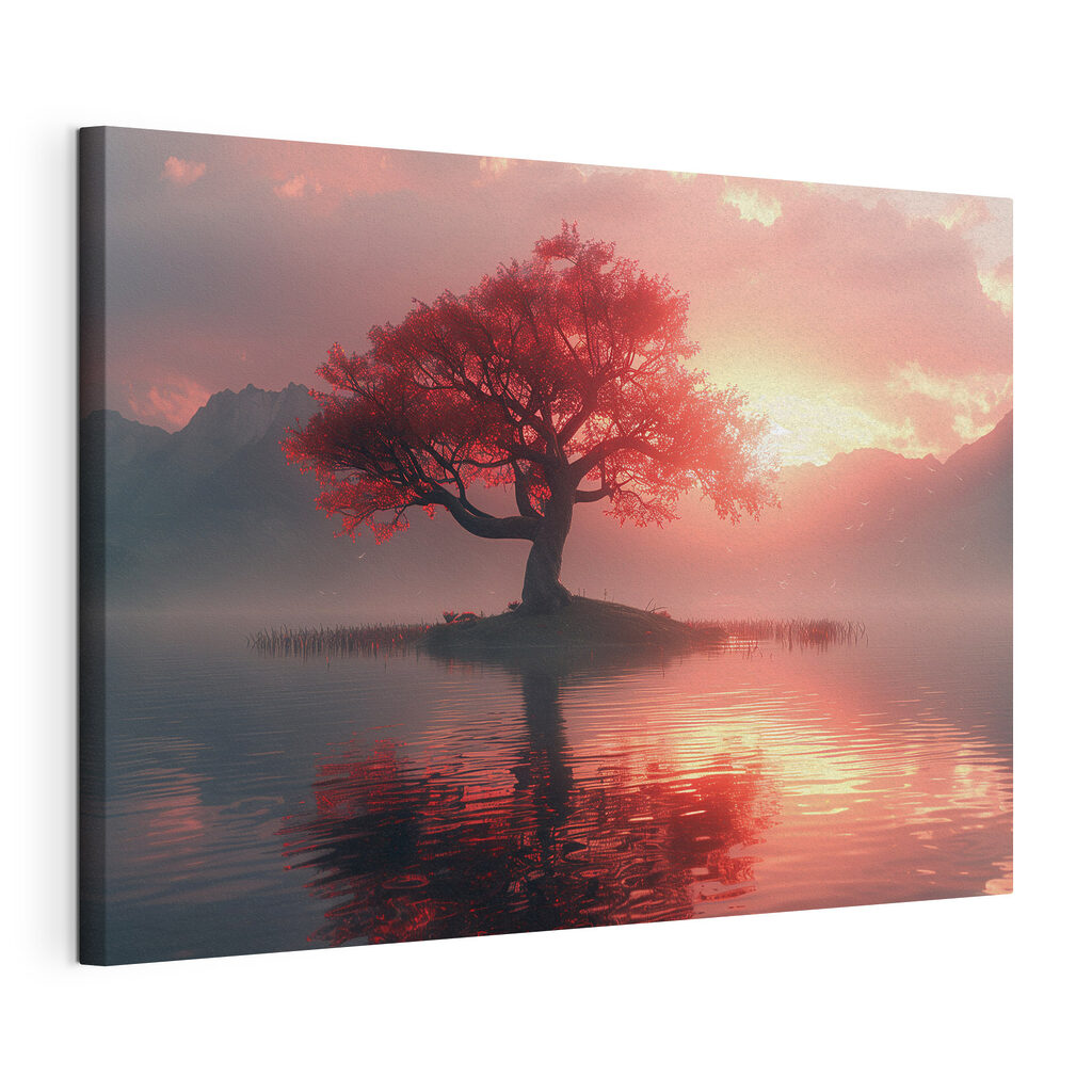 Árbol rojo al atardecer, lienzo tensado con el borde envolvente