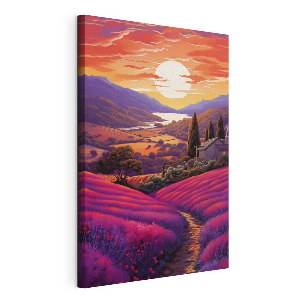 Colinas violetas al atardecer, lienzo tensado con el borde envolvente
