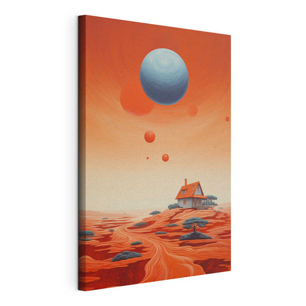 Casa bajo planetas flotantes, lienzo tensado con el borde envolvente