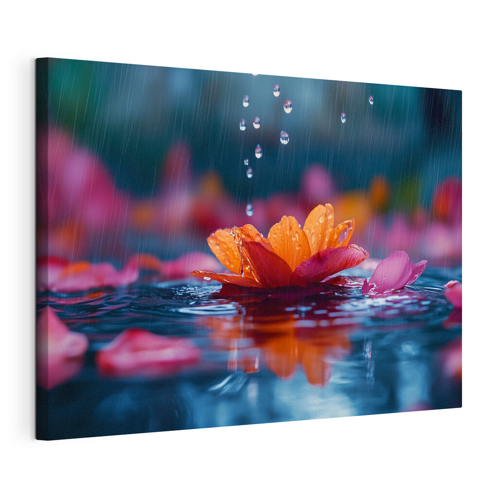 Flor que recoge lluvia, lienzo tensado con el borde envolvente
