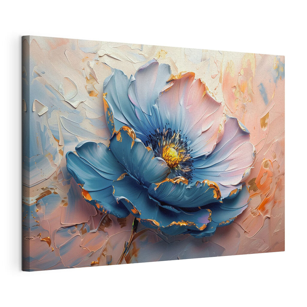 Flor azul y melocotón, lienzo tensado con el borde envolvente