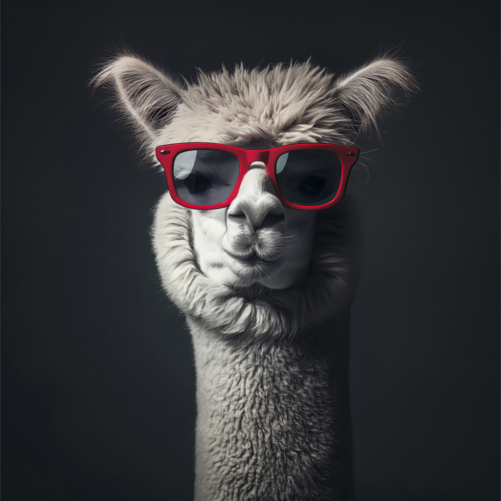 Llama con gafas rojas — diseño completo
