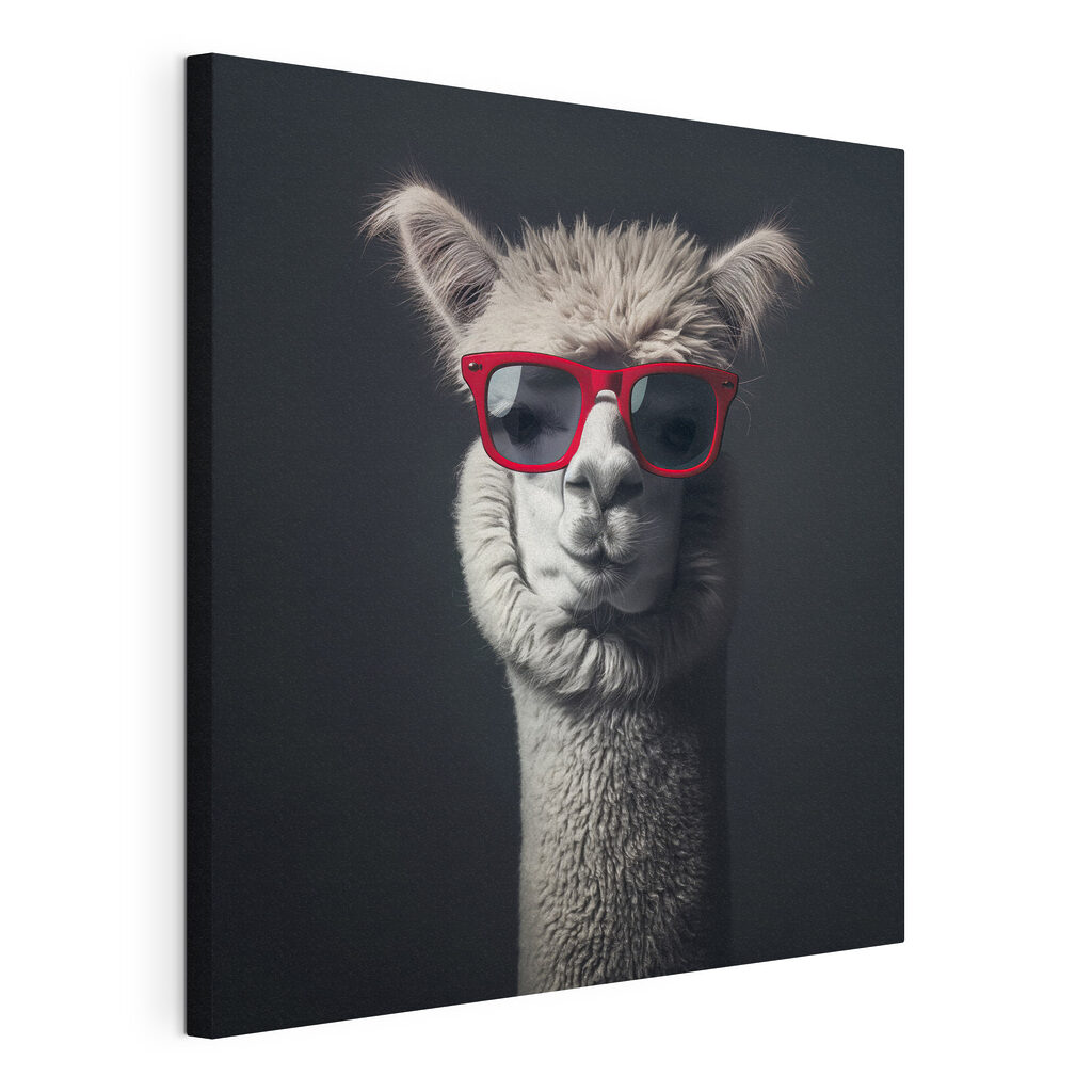 Llama con gafas rojas, lienzo tensado con el borde envolvente