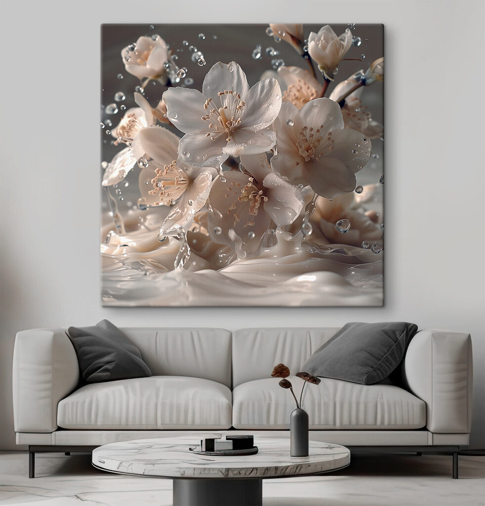 Flores entre gotas salpicadas en un interior