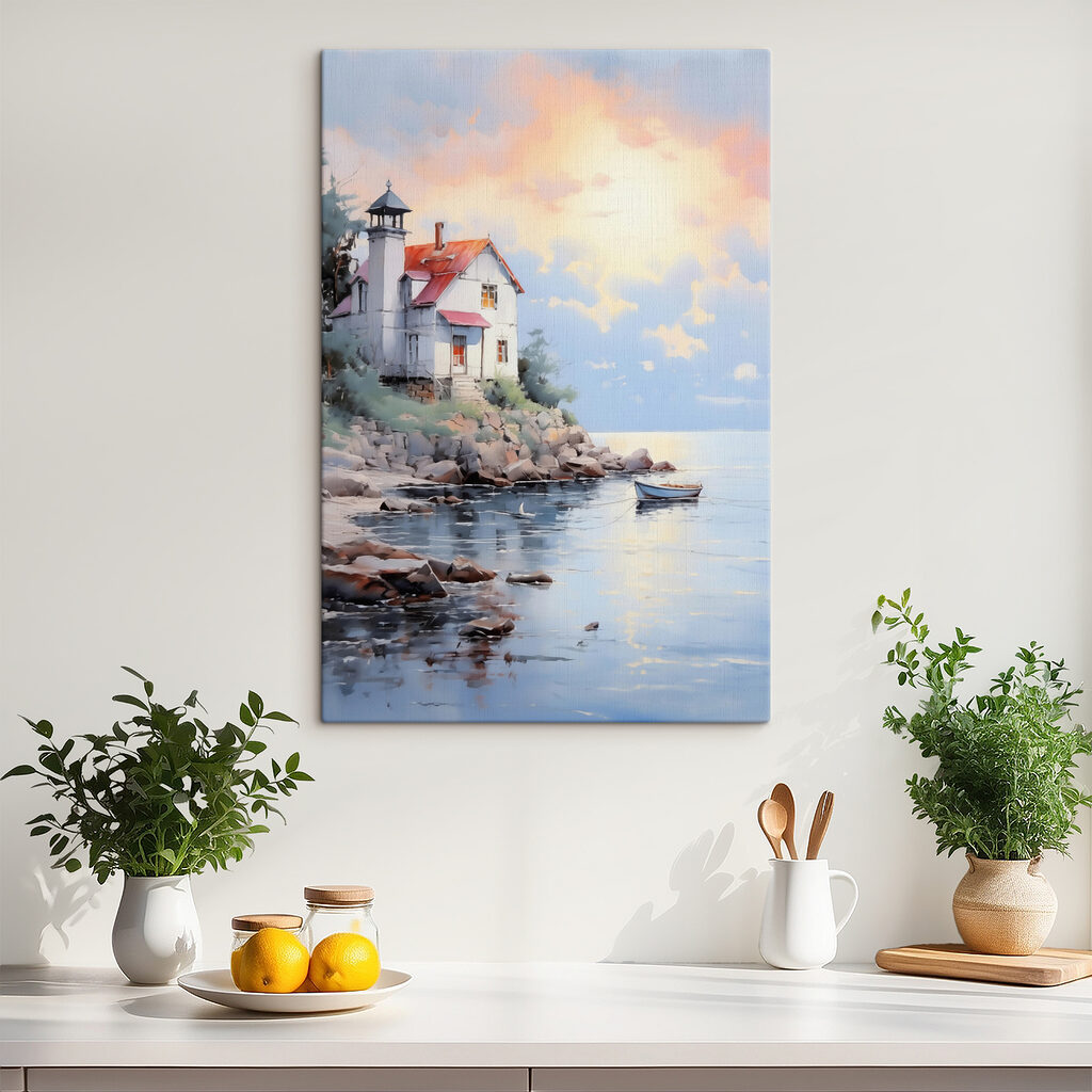 Casa costera al atardecer en un interior