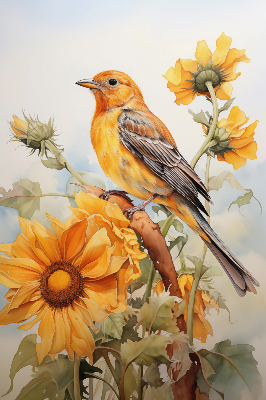 Pájaro entre flores amarillas — diseño completo