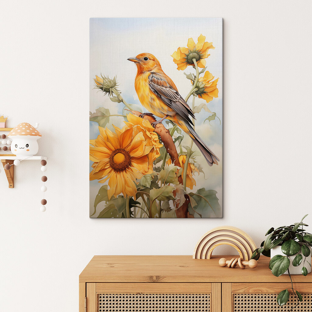 Pájaro entre flores amarillas — interior 1