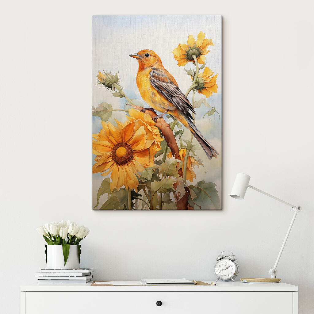 Pájaro entre flores amarillas — interior 2