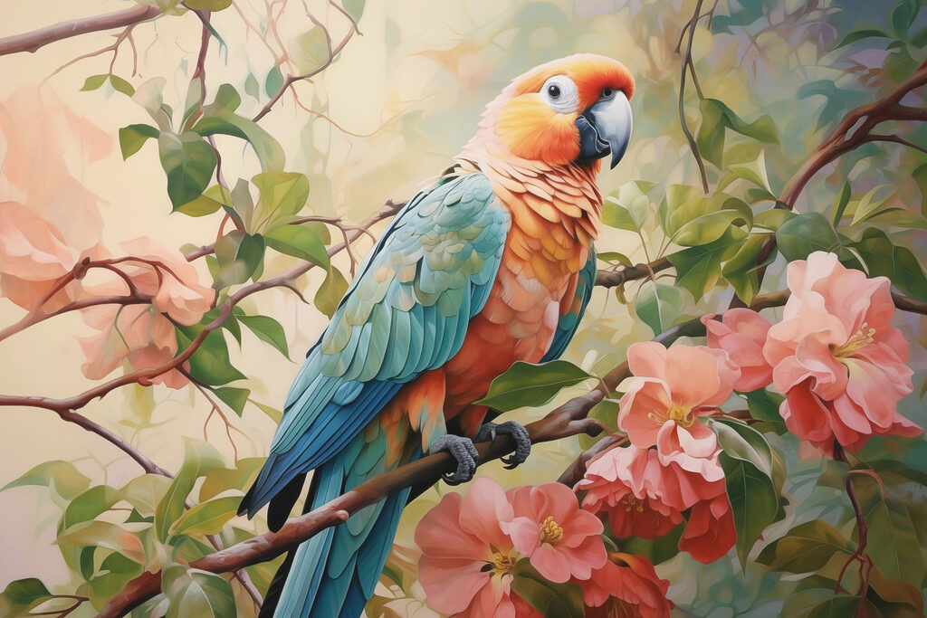 Guacamayo entre ramas rosas — diseño completo