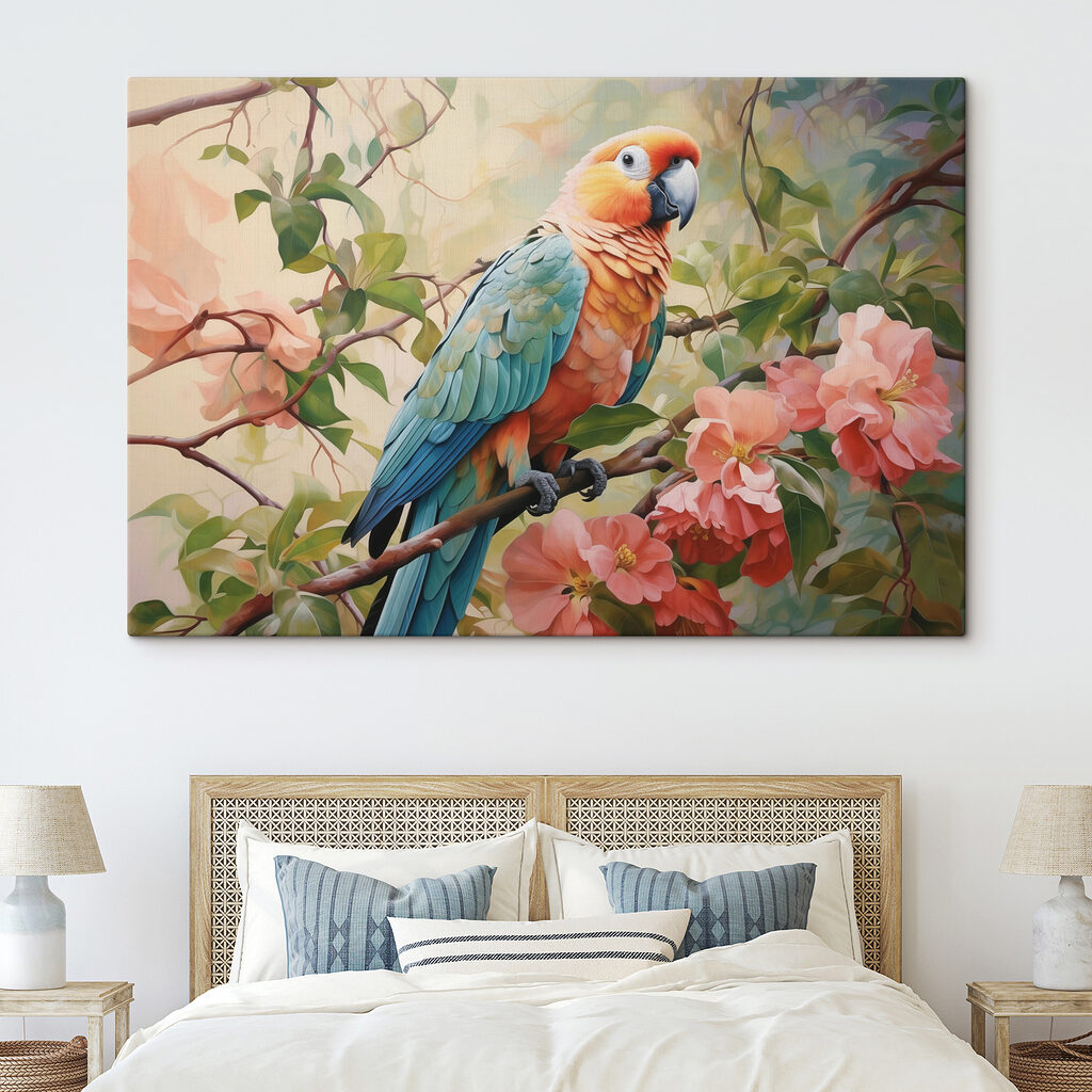 Guacamayo entre ramas rosas — interior 1