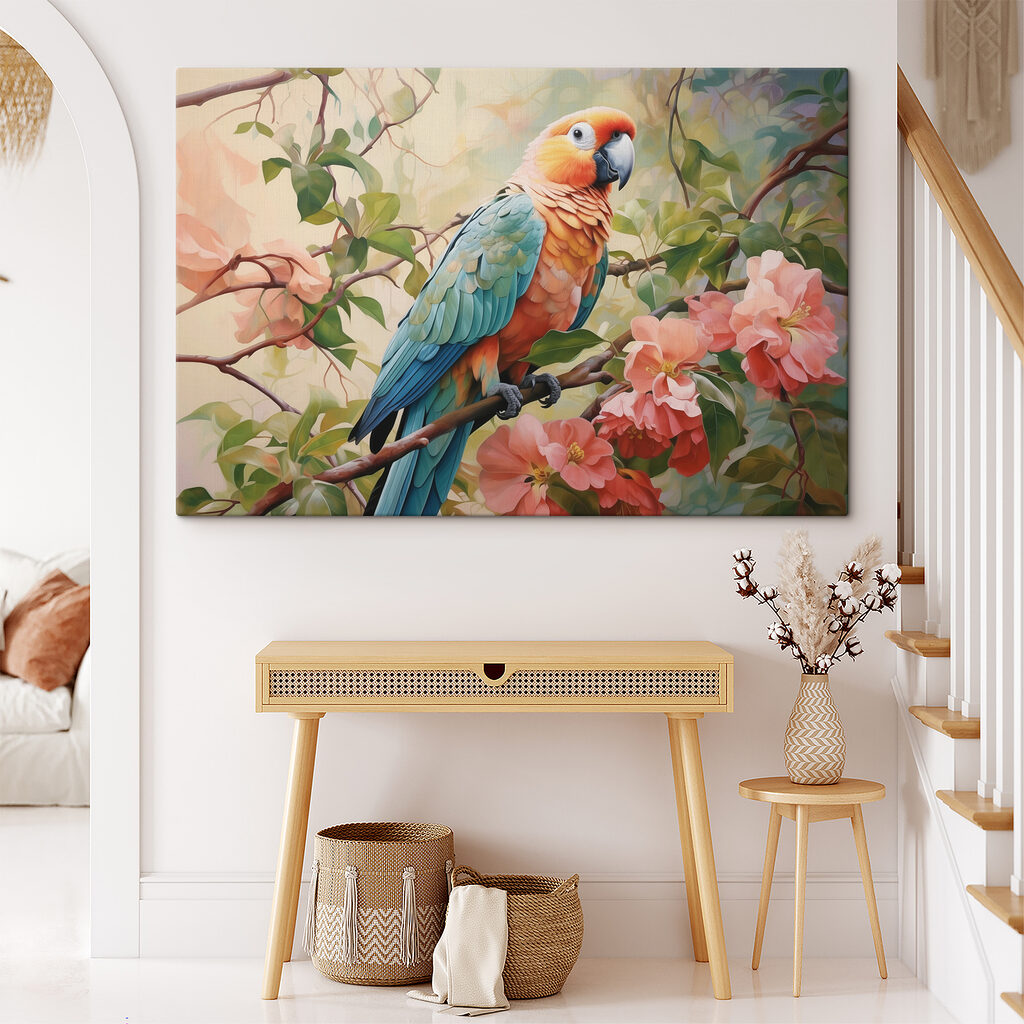 Guacamayo entre ramas rosas — interior 2