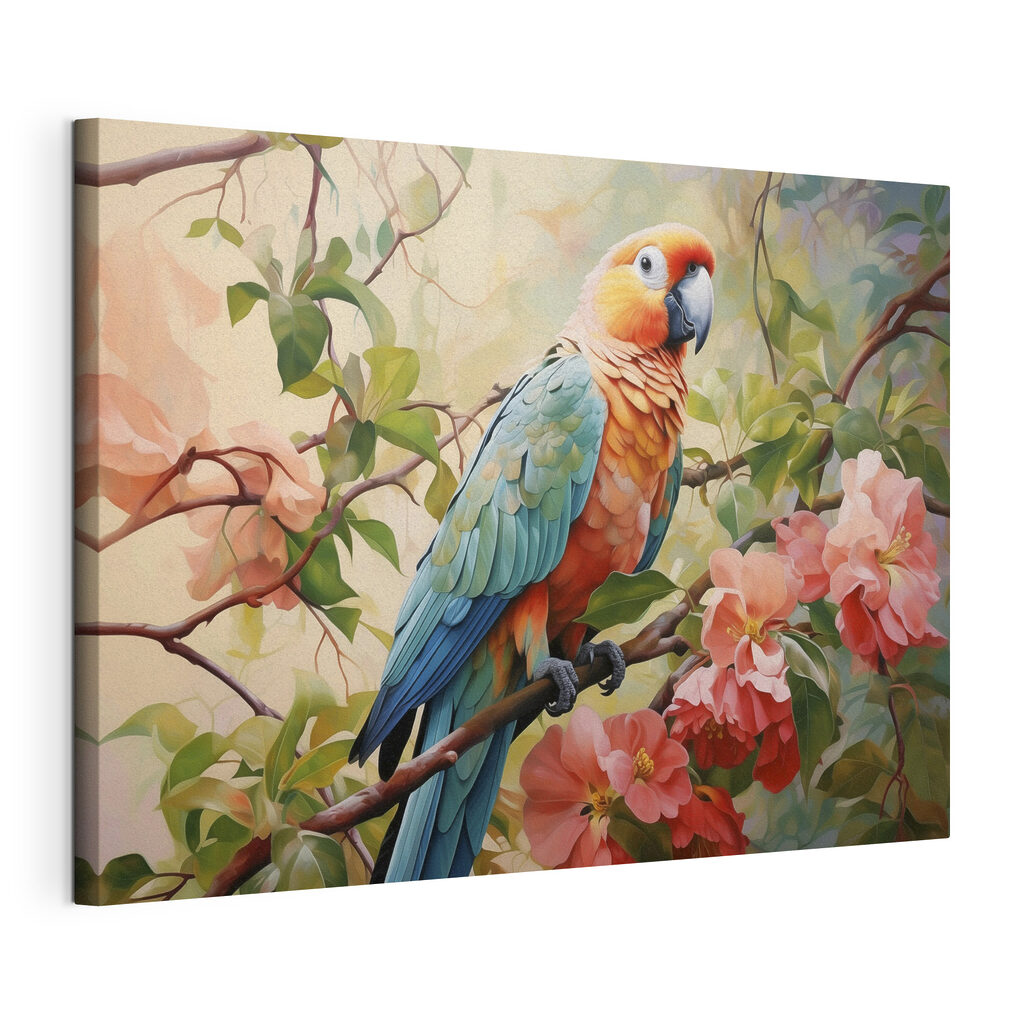 Guacamayo entre ramas rosas, lienzo tensado con el borde envolvente