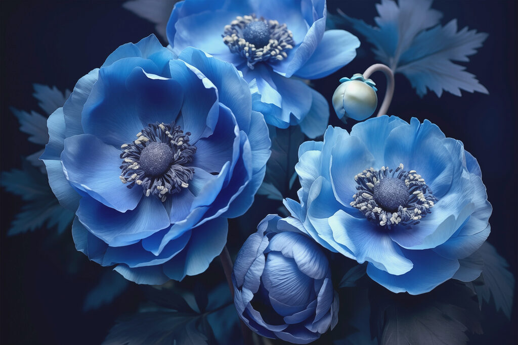 Tres flores azul profundo — diseño completo