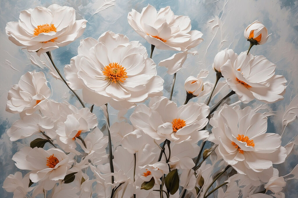 Flores blancas, corazón naranja — diseño completo