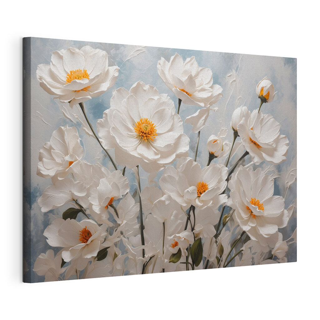 Flores blancas, corazón naranja, lienzo tensado con el borde envolvente