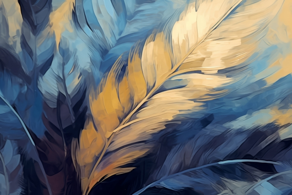 Pluma dorada en azul — diseño completo
